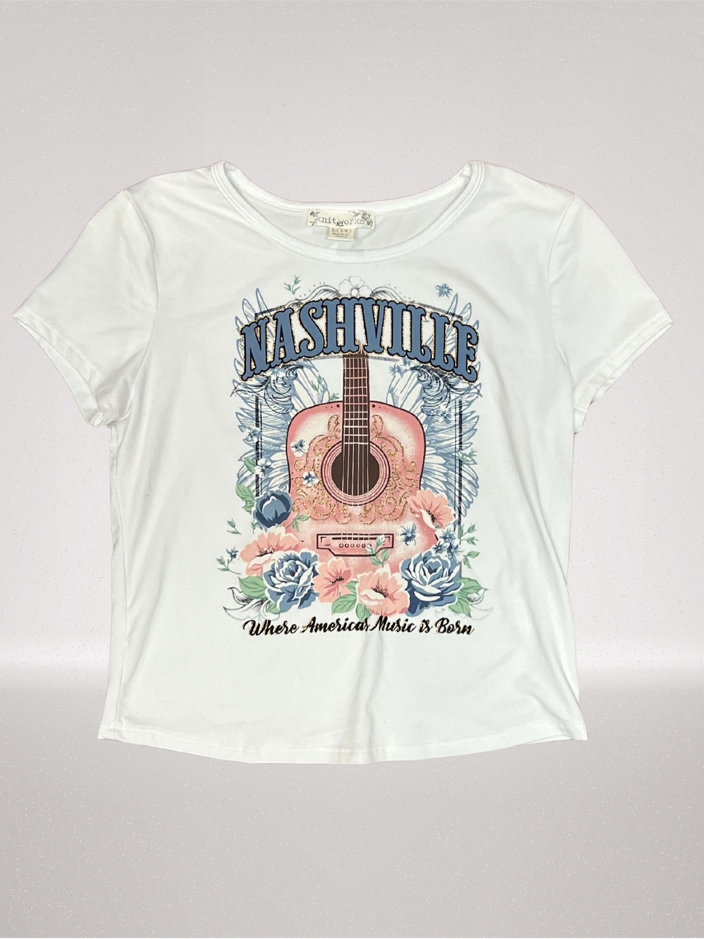 Knitworks Girls Nashville Guitar Baby Doll Tee Size L 14 White